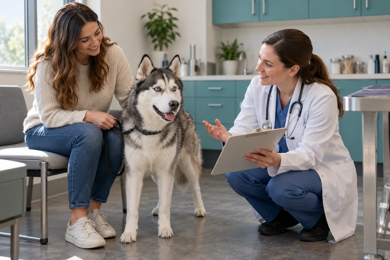 Veterinarian discussing care with a dog owner and a husky-type dog