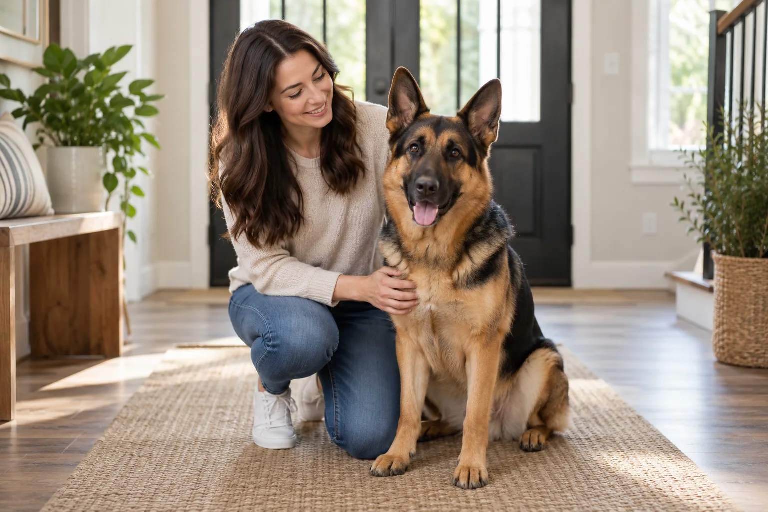 Owner at home beside a German shepherd-type dog